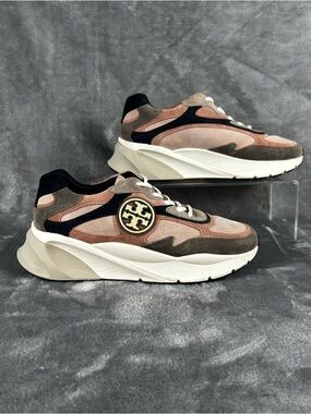 Tory Burch Sawyer Trainer Womens 7.5 Pink Taupe Suede Athletic Shoes Logo Casual